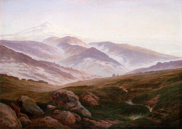 Około 1835 rok. Widok na&nbsp;Karkonosze (najwyższy szczyt: Śnieżka), rys. Caspar David Friedrich