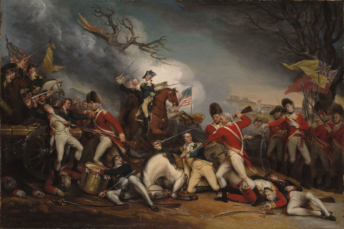 Śmierć gen. Mercera w bitwie pod Princeton. Obraz Johna Trumbulla (Jerzy Waszyngton w środku na koniu)