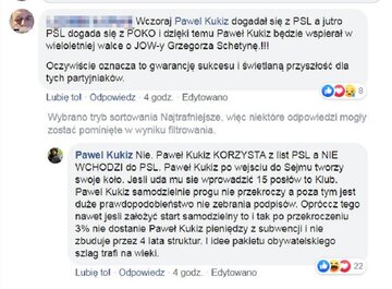 Paweł Kukiz o&nbsp;porozumieniu z&nbsp;Polskim Stronnictwem Ludowym poinformował poprzez... komentarze do&nbsp;wpisu na&nbsp;Facebooku.