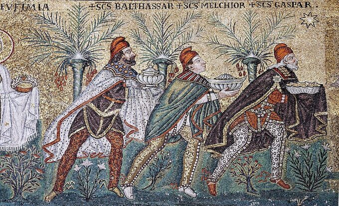 Trzej Królowie: Baltazar, Melchior i Kacper na mozaice z końca VI wieku w bazylice Sant'Apollinare Nuovo w Rawennie