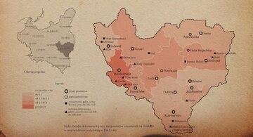 Mapa zbrodni dokonanych przez nacjonalist&oacute;w ukraińskich na&nbsp;Polakach w&nbsp;wojew&oacute;dztwie wołyńskim w&nbsp;1943 roku (z wystawy gdańskiego oddziału IPN "Wołyń 1943"; autor: Agnieszka Gumińska, projekt graficzny: Bartłomiej Siwek)