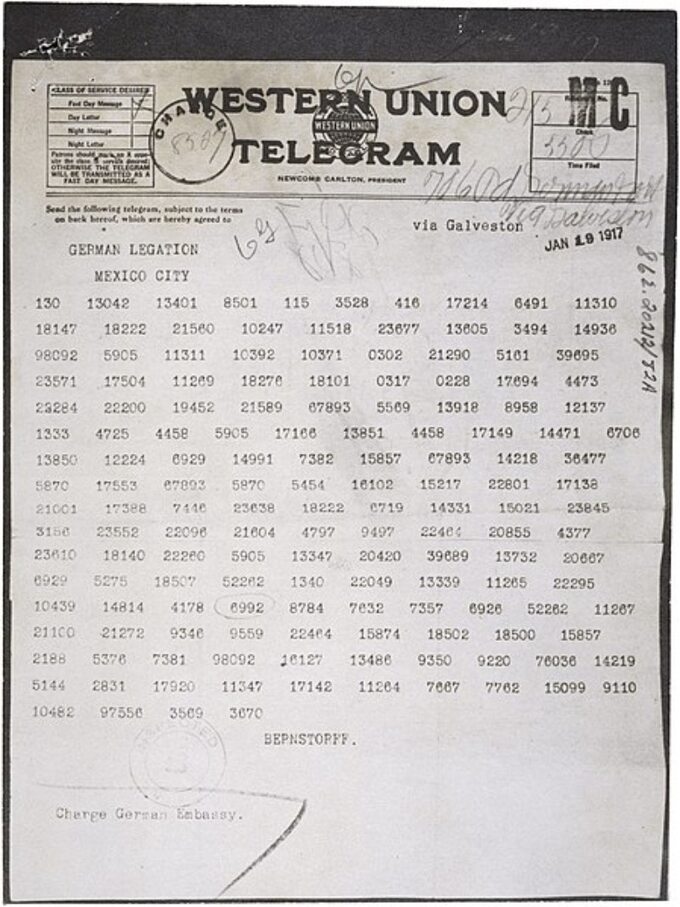 Telegram Zimmermanna - oryginał zaszyfrowanego telegramu