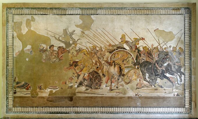 Dariusz III przedstawiony (w środku) w bitwie z Aleksandrem na greckiej ilustracji; Możliwa ilustracja bitwy pod Issos lub bitwy pod Gaugamelą