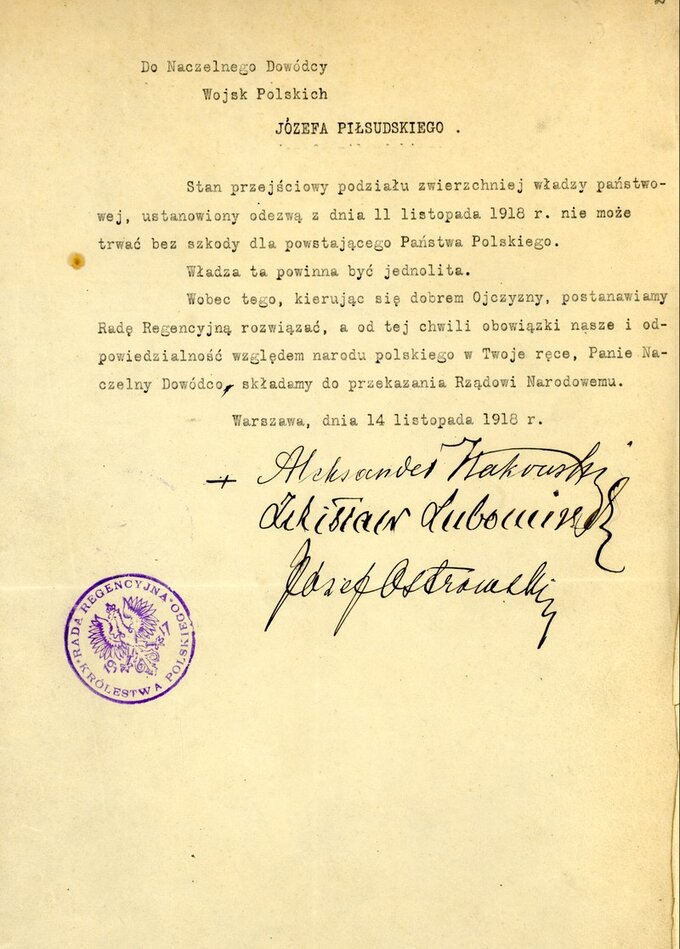 Akt samorozwiązania Rady Regencyjnej i przekazania całości władzy Józefowi Piłsudskiemu 14 listopada 1918