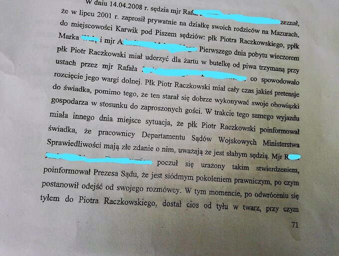 Fragmenty z uzasadnienia Okręgowej Prokuratury Wojskowej w Poznaniu ws. umorzenia niektórych z postępowań dotyczących sędziego Piotra Raczkowskiego