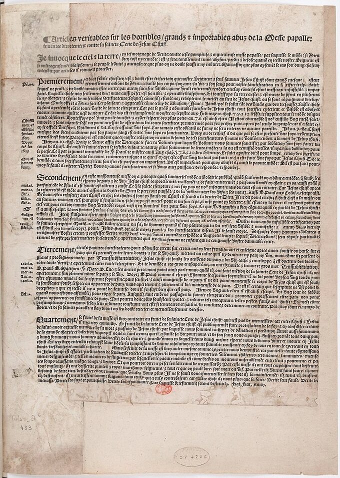 Przykład plakatu potępiającego Mszę świętą przygotowany przez zwolenników reformacji, 1534 r. Egzemplarz przechowywany w Bibliothèque Nationale de France w Paryżu