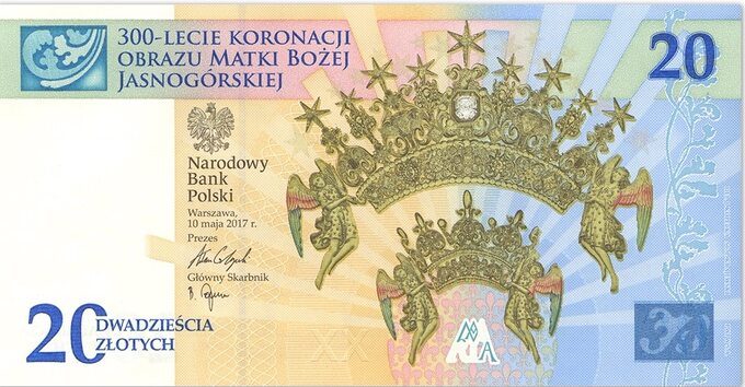 "300-lecie koronacji obrazu Matki Boskiej Jasnogórskiej" na nowym banknocie PWPW