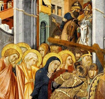 Fresk Pietro Lorenzettiego przedstawiający kobiety idące za&nbsp;Jezusem na&nbsp;Via Dolorosa. Asyż , 1320