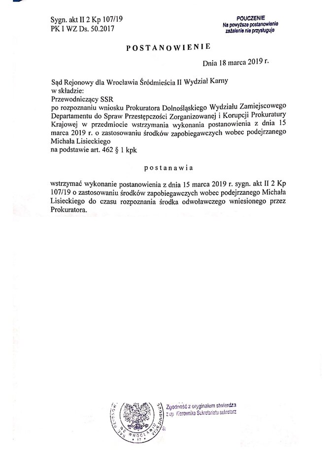 Skan pisma, w&nbsp;kt&oacute;rym sąd wstrzymuje postanowienie