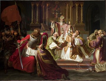 "Biskup Stanisław Szczepanowski rzucający klątwę na&nbsp;kr&oacute;la Bolesława Śmiałego" -&nbsp;obraz Juliusza Knoora z&nbsp;ok. 1840 roku