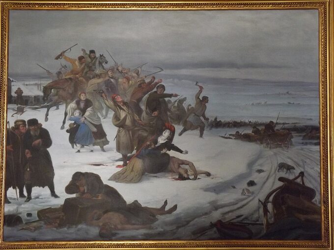 Rabacja chłopska 1846. Obraz pędzla Jana Lorenowicza. Muzeum w Dołędze