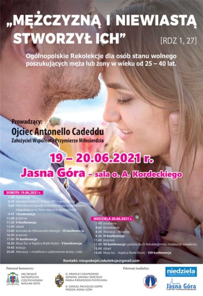 Plakat promujący og&oacute;lnopolskie rekolekcje dla&nbsp;os&oacute;b stanu wolnego poszukujących męża lub&nbsp;żony