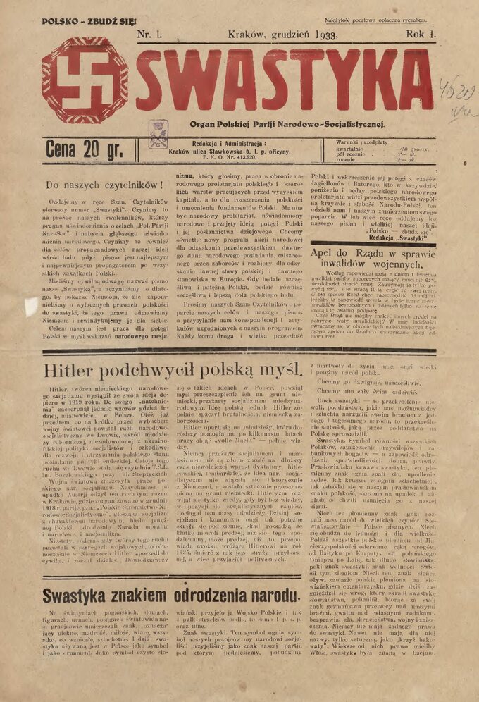 "Swastyka" - gazeta wydawana przez Polską Partię Narodowo-Socjalistyczną
