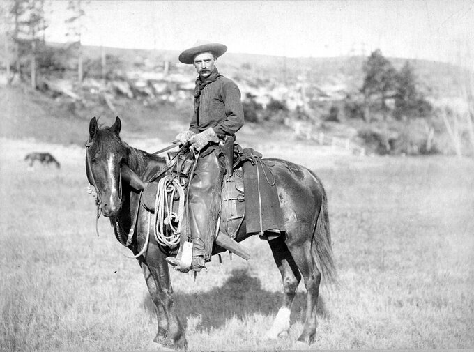 Kowboj (cowboy), zdjęcie zrobione w&nbsp;pobliżu Sturgis, Terytorium Dakoty (obecnie Dakota Południowa)