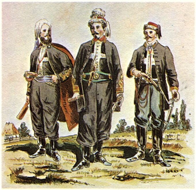 Żuawi śmierci – stoją od lewej: hr. Wojciech Komorowski, płk Franciszek Rochebrune, por. Tenente Bella. Rysunek: K. Sariusz Wolski