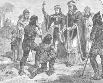 Fragment ryciny Ksawerego Pillatiego, podpisanej &bdquo;Mieszko, z&nbsp;poganina, z&nbsp;pomocą żony Dubrawki, staje się krzewicielem wiary&rdquo;, pochodzącej z&nbsp;książki &bdquo;Wizerunki książąt i&nbsp;kr&oacute;l&oacute;w polskich&rdquo; z&nbsp;1888 roku