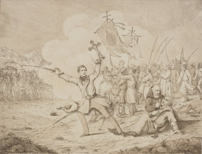 Edward Dembowski na&nbsp;czele procesji z&nbsp;27 lutego 1846 na&nbsp;akwaforcie J&oacute;zefa Bohdana Dziekońskiego