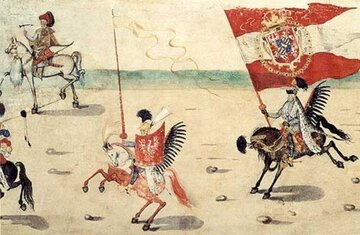 Fragment Rolki Sztokholmskiej. Uwieczniony został Sebastian Sobieski, chorąży wielki koronny, z&nbsp;chorągwią kr&oacute;lewską