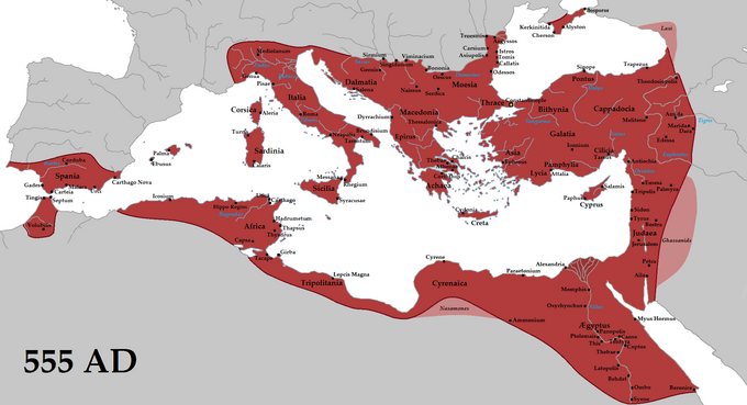 Cesarstwo Bizantyńskie za panowania Justyniana Wielkiego, około 555 roku