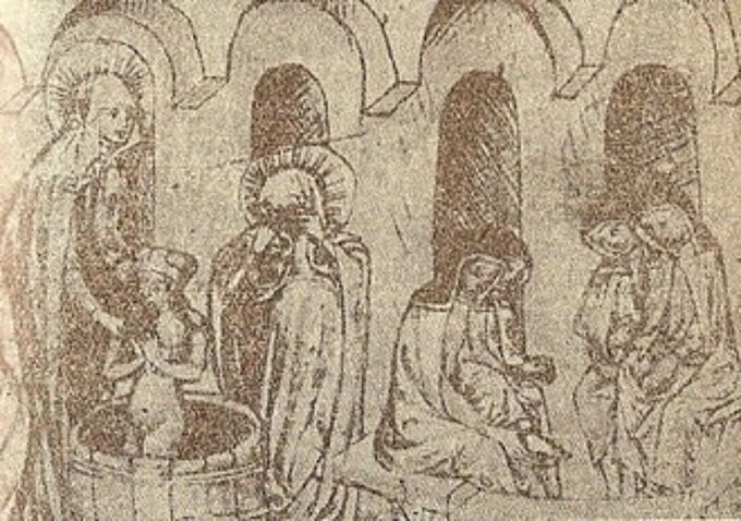 Św. Jadwiga obmywa swego wnuka Bolesława Rogatkę, obok Anna Czeska. Miniatura z XV wieku
