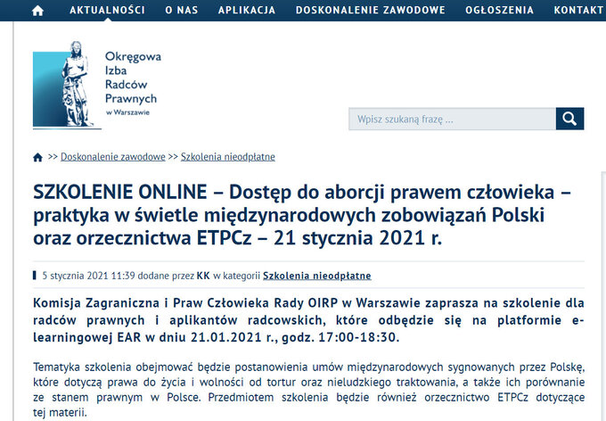 "Komisja Zagraniczna i Praw Człowieka Rady OIRP w Warszawie zaprasza na szkolenie dla radców prawnych i aplikantów radcowskich" – czytamy na stronie Okręgowej Izby Radców Prawnych.