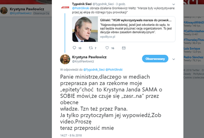 Krystyna Pawłowicz chce przeprosin od&nbsp;wicepremiera Glińskiego