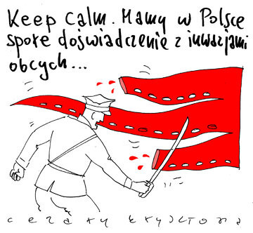 Keep calm, inwazja obcych. Rysunek Cezarego Krysztopy