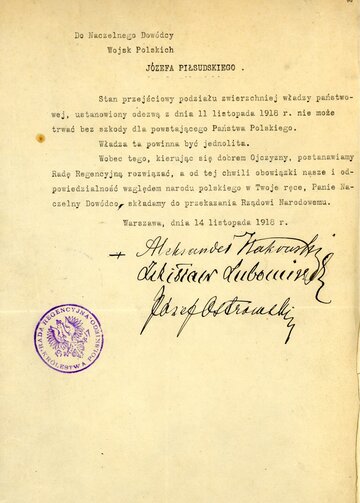 Akt samorozwiązania Rady Regencyjnej i&nbsp;przekazania całości władzy J&oacute;zefowi Piłsudskiemu 14 listopada 1918