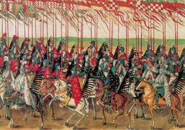 Husaria podczas parady w&nbsp;1605 roku w&nbsp;Krakowie przedstawiona na&nbsp;Rulonie polskim, autorstwa Balthasara Gebhardta (ok. 1605)