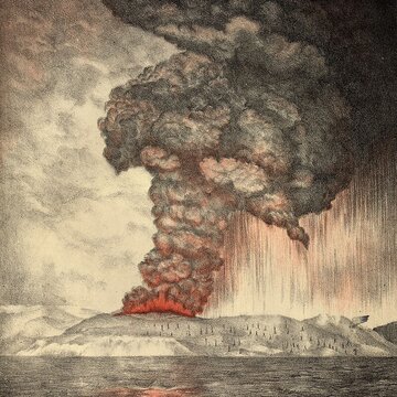 Litografia z&nbsp;1888&nbsp;r. przedstawiająca wybuch Krakatau w&nbsp;1883
