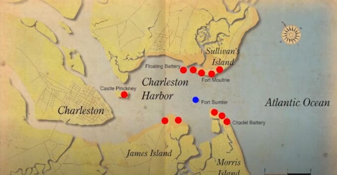 Zatoka Charleston. Fort Sumter i pozycje artylerii Karoliny Południowej