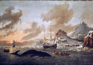 Holenderscy wielorybnicy w&nbsp;pobliżu Spitsbergenu. Obraz autorstwa Abrahama Storcka (1690)