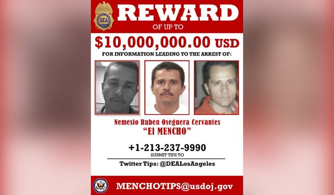 List gończy za&nbsp;Nemesio Osergurą Cervantesem (pseudonim El Mencho), oferujący 10 mln dolar&oacute;w za&nbsp;informacje prowadzące do&nbsp;jego aresztowania
