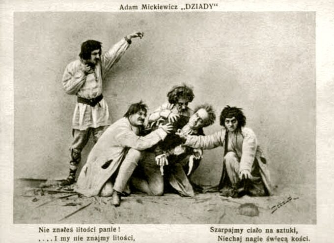Scena z Dziadów w inscenizacji Stanisława Wyspiańskiego (Teatr Miejski w Krakowie, premiera 31 października 1901)