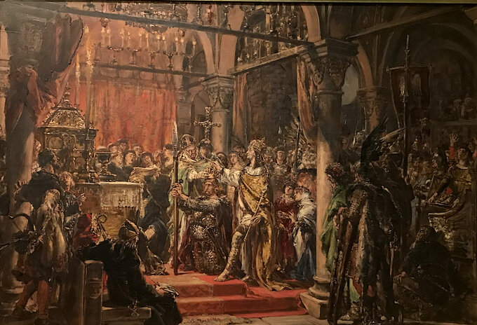 Jan Matejko, „Koronacja pierwszego króla R.P. 1001”, (1889 rok), z cyklu „Dzieje cywilizacji w Polsce”, olej/deska dębowa; wymiary: 79 x 105 cm, wł. Muzeum Narodowe w Warszawie, na ekspozycji Zamek Królewski w Warszawie.