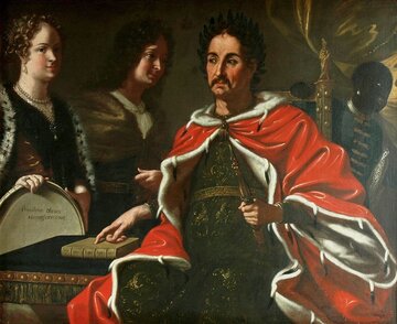 Jan III&nbsp;Sobieski przekazujący Jakubowi prawo do&nbsp;korony, obraz nieznanego autora z&nbsp;1697&nbsp;r.