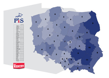 Ilość mandat&oacute;w, kt&oacute;re uzyskałoby Prawo i&nbsp;Sprawiedliwość w&nbsp;okręgach wyborczych