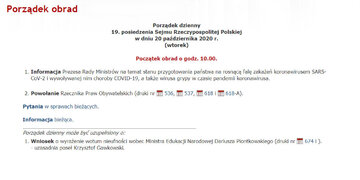 Porządek dzienny 19. posiedzenia Sejmu Rzeczypospolitej Polskiej w&nbsp;dniu 20 października 2020&nbsp;r.