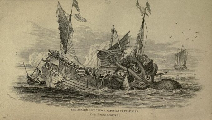 Wyobrażenie krakena. Rysunek z poł. XIX w.