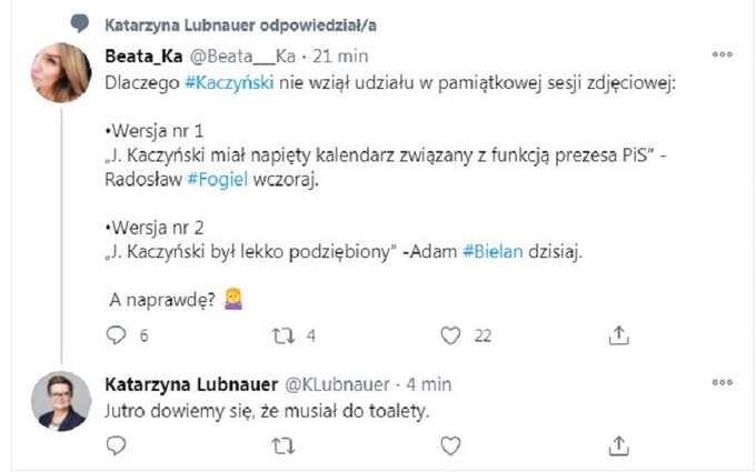 Sytuacja wywołała wiele komentarzy, w tym osobliwy komentarz byłej szefowej Nowoczesnej, posłanki PO-KO Katarzyny Lubnauer.