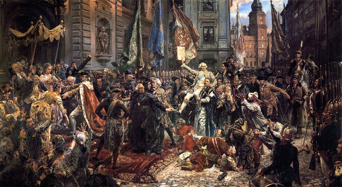 Jan Matejko „Konstytucja 3 Maja 1791 roku" (1891), olej/płótno; wymiary: 247 × 446 cm, Zamek Królewski w Warszawie.