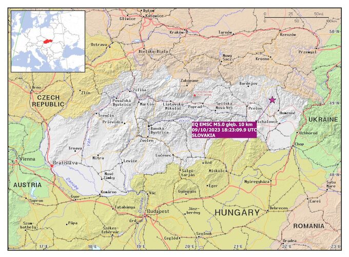 Lokalizacja epicentrum trzęsienia ziemi o magnitudzie M5.0 z dnia 9 października 2023 r., godz. 18:23:09.9 UTC we wschodniej Słowacji – oprac. PSG, wg danych EMSC, mapa bazowa: PAT