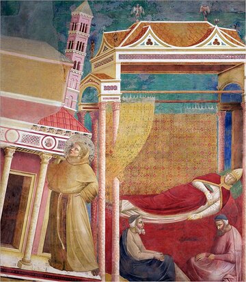 Giotto, Sen Innocentego III, w&nbsp;kt&oacute;rym św. Franciszek podtrzymuje Bazylikę na&nbsp;Lateranie -&nbsp;to&nbsp;symbol ratowania Kościoła