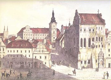 Poznań. Litografia z&nbsp;1833&nbsp;r. &mdash; po&nbsp;prawej Pałac G&oacute;rk&oacute;w, na&nbsp;środku dawne kolegium jezuickie, po&nbsp;lewej w&nbsp;tle kości&oacute;ł Bernardyn&oacute;w