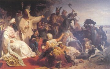 Kalif Harun ar-Raszid przyjmuje posł&oacute;w Karola Wielkiego. Obraz Juliusa K&ouml;ckerta
