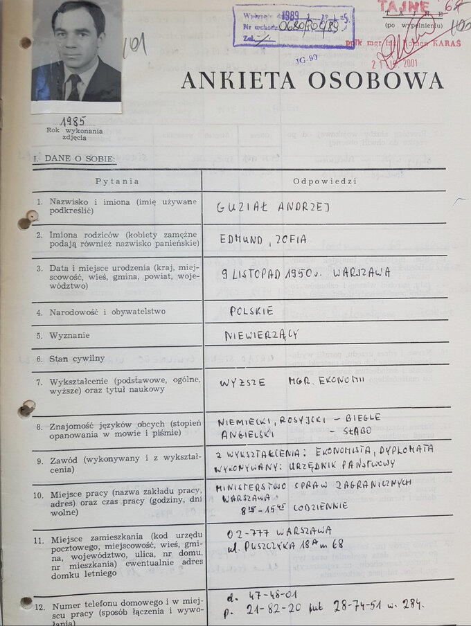 Ankieta osobowa Andrzeja Guziała