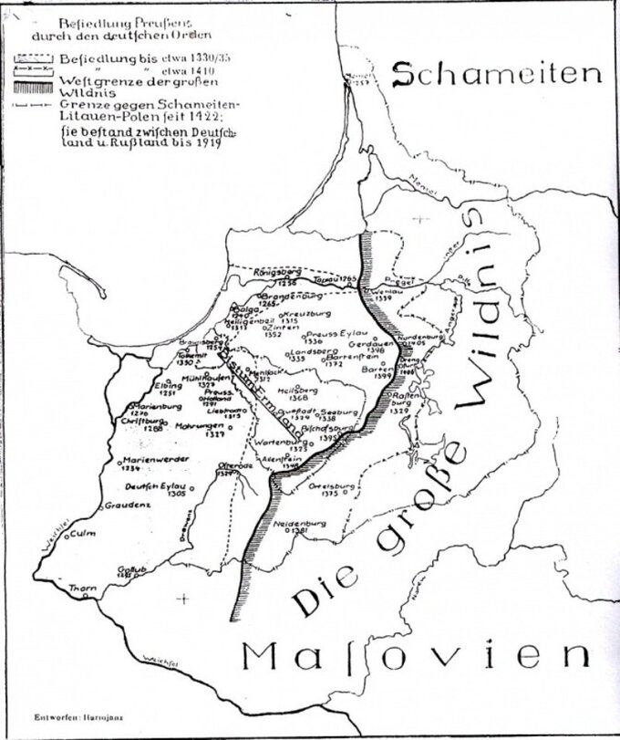 Zasięg Państwa Zakonnego i&nbsp;obszar Wielkiej Puszczy (Grosse Wildnis) w&nbsp;XIV i&nbsp;na początku XV wieku