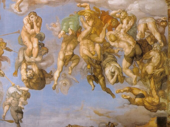 Aniołowie walczący z potępieńcami - fragment fresku Michała Anioła "Sąd Ostateczny"