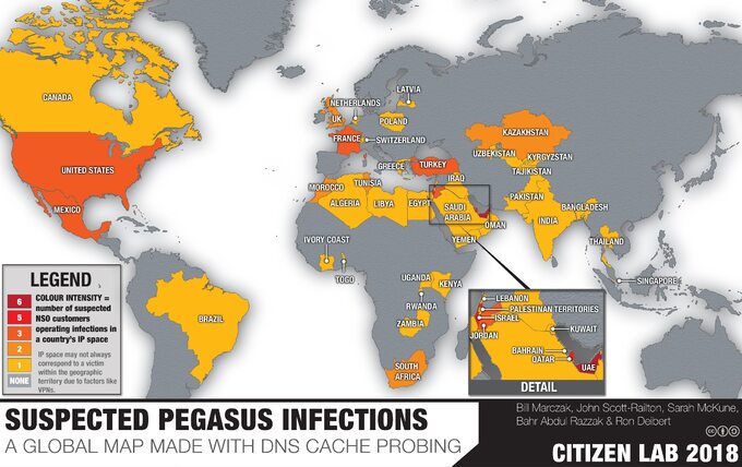 Państwa, na których terenie Citizen Lab wykrył aktywnoś  programu Pegasus