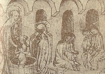 Św. Jadwiga obmywa swego wnuka Bolesława Rogatkę, obok Anna Czeska. Miniatura z&nbsp;XV wieku